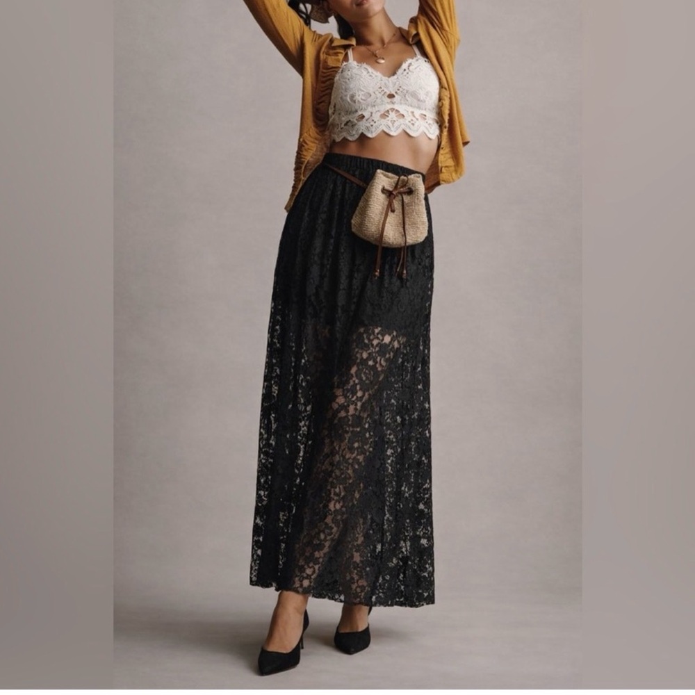 VON MAUR: Black Floral Nylon Mesh Maxi Skirt